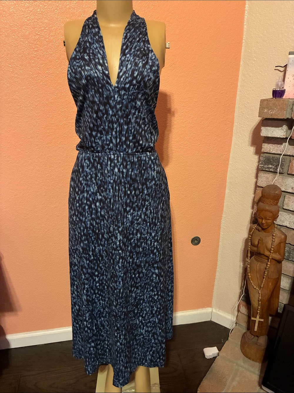 Halter V-Neck Navy Printed Maxi Dress